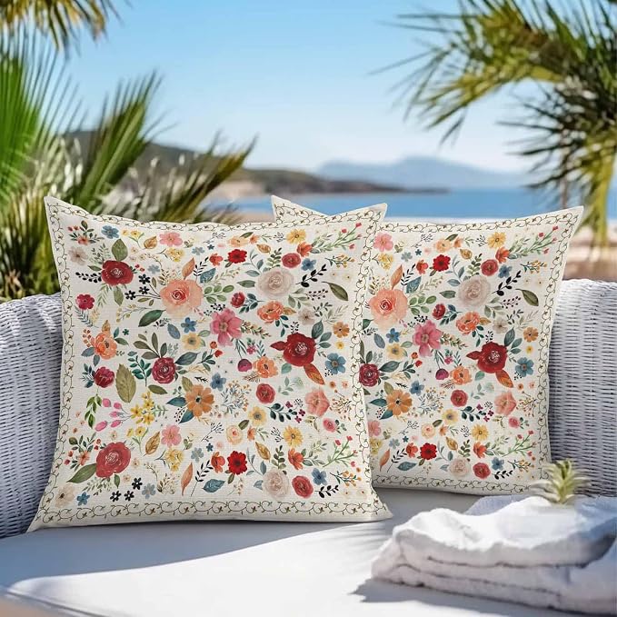 Vandarllin Outdoor Throw Pillows Covers 18x18 inch Set of 2 Waterproof Beige Floral Decorative Zippered Cushion Covers for Patio Furniture, Farmhouse Vintage Flower Lumbar Pillowcases