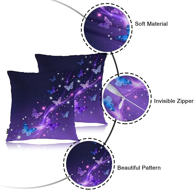 Swono Butterfly Throw Pillow Case, Glowing Butterflies Stars Square Home Decorative Cushion Cover for 18 X 18 Inches Pillow Covers, Purple 2 Pack Pillowcases for Bedroom Office Dorm Couch