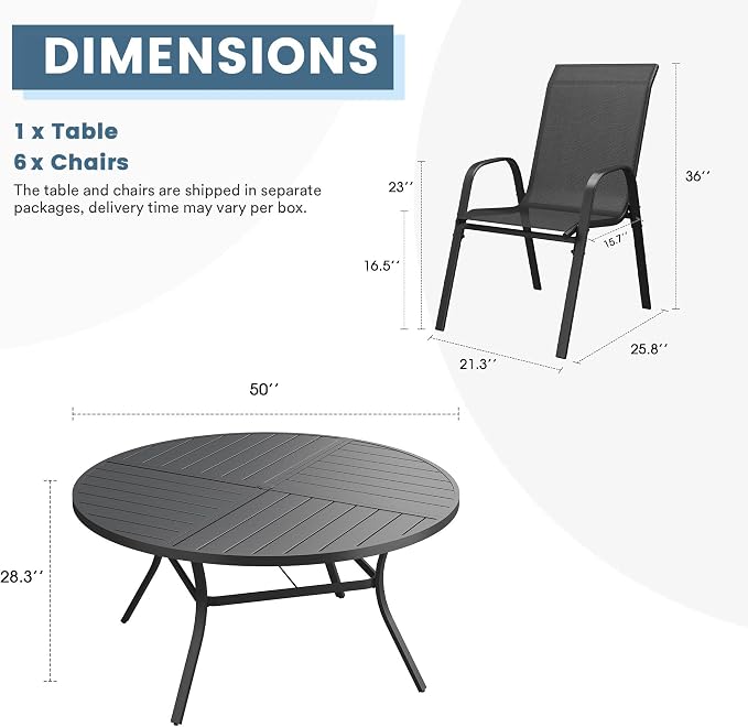 DIFY 7 Piece Outdoor Dining Set, 50" Black Round Metal Dining Table and Dark Grey Textilene Stackable Patio Chairs, Patio Table and Chairs Set for 6 with Umbrella Hole for Backyard Garden Deck