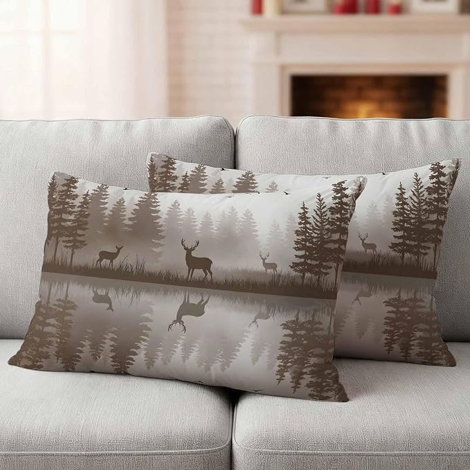 Yukro Brown Nature Landscape Outdoor Waterproof Pillow Covers Pack of 2, Deer Misty Lake Foggy Forest Birds Throw Pillowcases Decorative Cushion Covers for Garden Patio Tent Sofa Couch, 20x12 inch