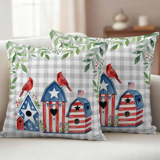 American Flag Bird House Outdoor Pillow Covers Waterproof, All Weather Cushion Case Set of 2, Green Eucalyptus Grey Plaid 250th Decorative Pillowcases for Sofa Couch Bed Decor Patio Furniture 16"x16"