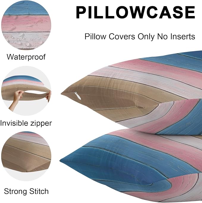Outdoor Waterproof Pillow Covers for Patio Blue Pink Wood Grain Decorative Throw Pillow Cover Brown Ombre Wooden Pillowcases Set of 2 Cushion Case for Sofa Couch Chair 16x16 Inch