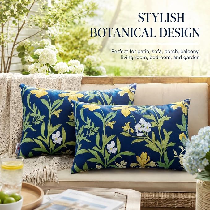 Pack of 2 Patio Lumbar Pillows 12"x20" | Fade Resistant Outdoor Waterproof Lumbar Pillow with Inners Decorative Garden Lumbar Cushions for Home Patio Terrace Sofa