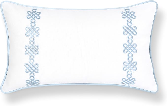 Hofdeco Premium Grandmillennial Patio Indoor Outdoor Lumbar Pillow Cover Only, 12"x20" Water Repellent for Backyard, Couch, Poolside, Baby Blue Embroidered Chinoise Lucky Knots