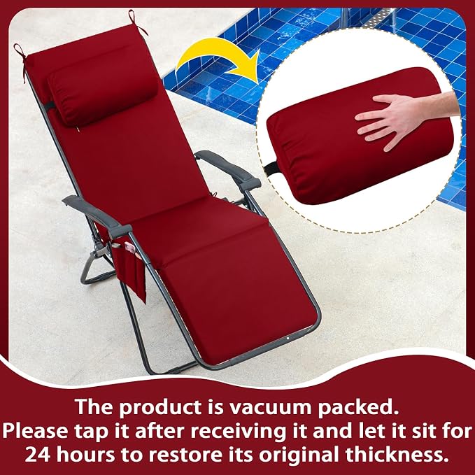 RattanView 2 Pcs Outdoor Chaise Lounge Cushion with Pillow and Side Pockets Waterproof Lounge Chair Cushions for Outdoor Furniture Patio Lounger Pad for Outside Pool Lawn (Brick Red,72 x 21 x 4)
