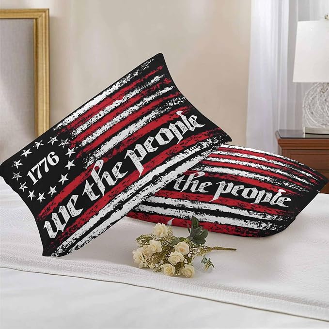We The People Outdoor Pillow Covers 20"x12" Set of 2, Independence Day Distressed Red White Flag Waterproof Throw Pillow Covers for Patio Furniture, Decorative Cushion Covers for Porch