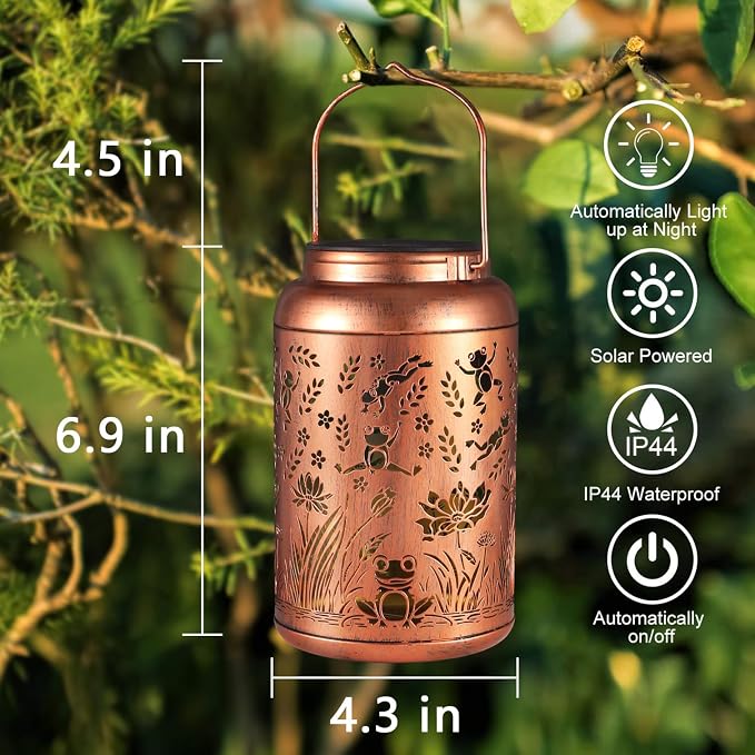 Frog Solar Lanterns Outdoor Waterproof Garden Decor Gifts for Women | Metal Hanging Solar Lights Birthday Gifts for Grandma Mom Solar Decoration Outside for Yard, Patio, Backyard, Porch