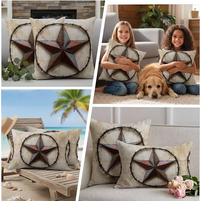 Texas Star Vintage Waterproof Outdoor Pillow Covers Set of 2 Home Decor, Abstract Country Stars Modern Pillowcase Patio Pillow Covers for Couch Bench Furniture Garden 16x16in