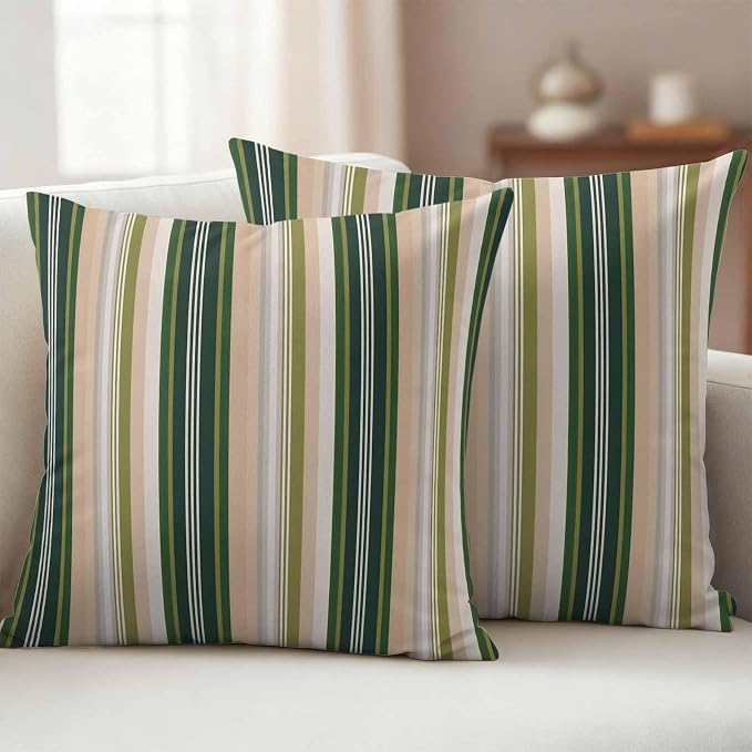 Green Brown Striped Outdoor Pillow Covers 24x24 Inch Throw Pillow Covers Set of 2 Waterproof Decorative Pillow Cases Modern Stripes Art Farmhouse Cushion Covers for Patio Furniture Garden Couch Sofa