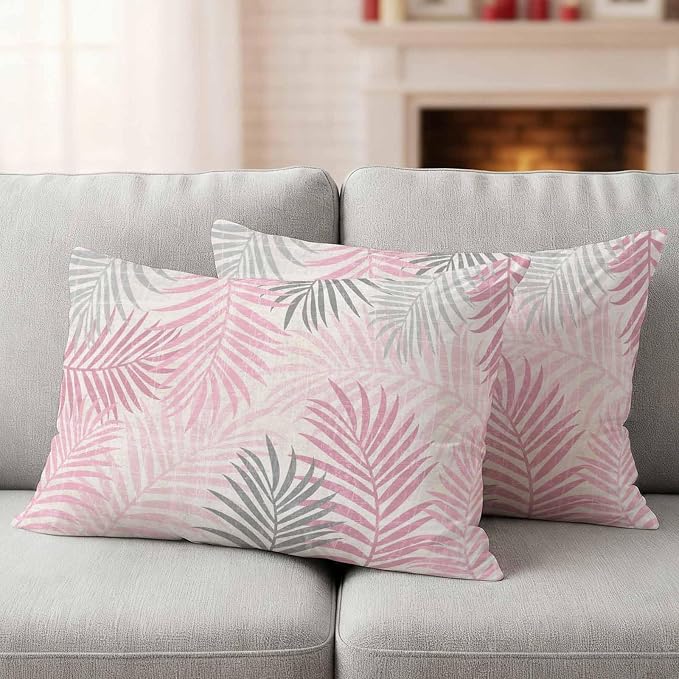 Outdoor Waterproof Throw Pillow Covers, Pink Grey Palm Leaves Decorative Pillow Cases, Summer Botanical Tropical Leaf Couch Pillow Protector Patio Sofa Cushion Covers Replacement 20"x12" 2 Pack