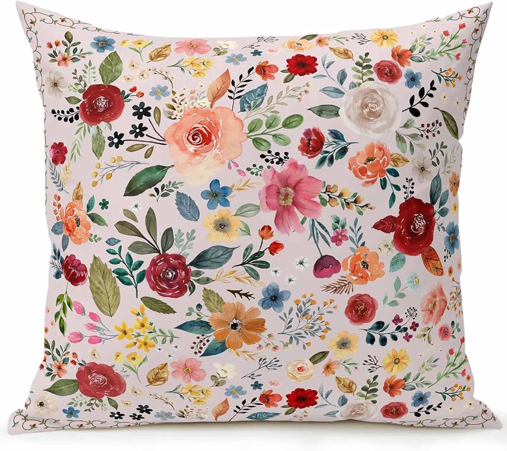Outdoor Waterproof Throw Pillows Watercolor Leaf Colorful Bloom Floral Patio Pillows,Decorative Pillow Covers with Insert,Pillow Cushion Case for Garden Couch Sofa Vintage Country on Pink