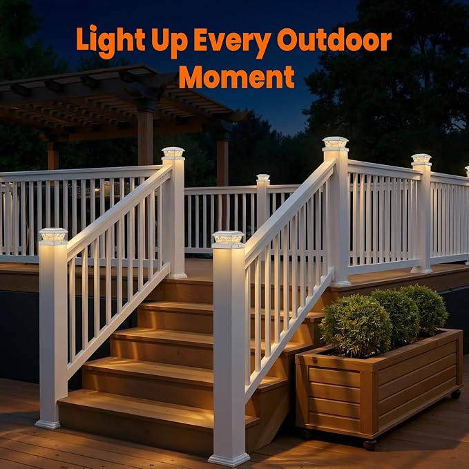4x4 3.5x3.5 Solar Post Cap Lights 4-Pack White | 2 Modes (Warm/Cool White), 16LEDs, for Wooden/Vinyl Posts, IP65 Waterproof, Outdoor, for Fence, Deck, Patio, Yard, Porch