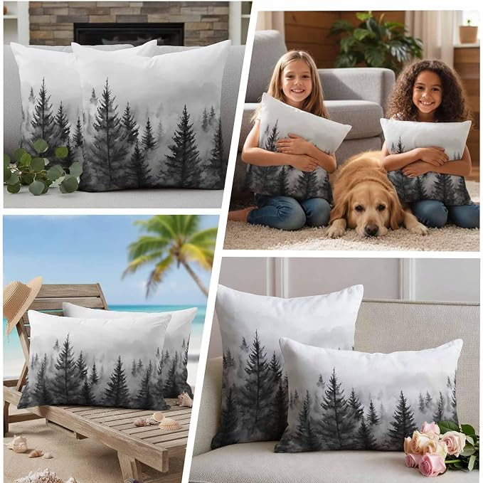 Retro Mist Forest Waterproof Outdoor Pillow Covers Set of 2 Home Decor, Watercolor Mountains Nature Landscape Pillowcase Patio Pillow Covers for Couch Bench Furniture Garden 20x12in