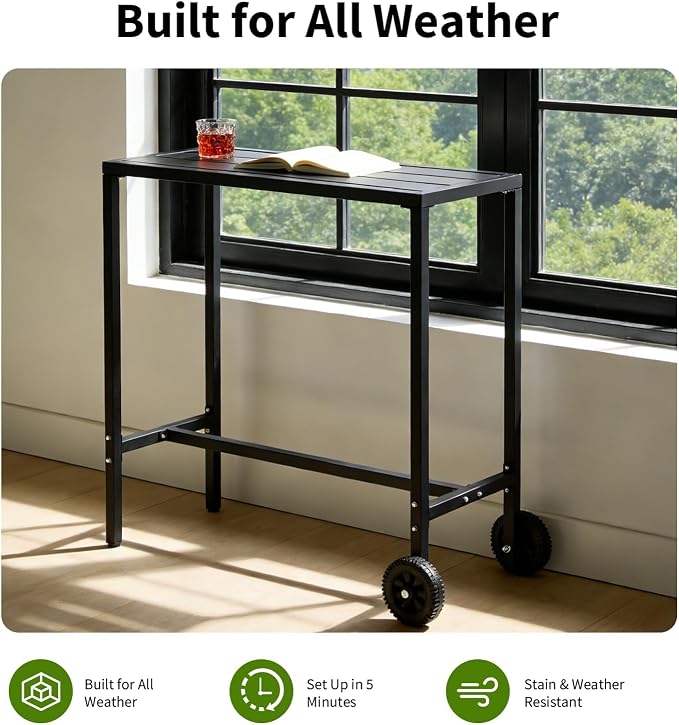 Takywep 39 Inch Counter Height Outdoor Bar Table with Wheels & Adjustable Leveling Feet, Multipurpose High Top Bar Table for Kitchen, Home Bar, Patio, Balcony, Black