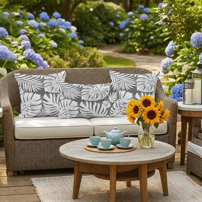 Grey Palm Leaves Outdoor Pillow Covers 16"x16" Set of 2, Tropical Botanical Modern Minimalist Waterproof Throw Pillow Covers for Patio Furniture, Decorative Cushion Covers for Porch