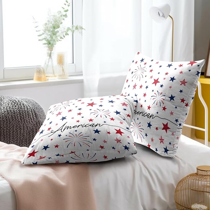 4th of July Pillow Covers 22x22 Inch Set of 2 Patriotic Red White Blue Summer Outdoor Throw Pillow Covers,Independence Memorial Day USA Flag Cushion Case for Sofa Couch Decor