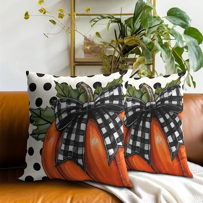 Fall Throw Pillow Covers 22x22 Inch, Set of 2 Buffalo Plaid Pumpkin Polka Dot Farmhouse Square Zipper Closure Pillowcases Cotton Cushion Cover for Living Room Bedroom Sofa Bed Bench Seasonal Decor