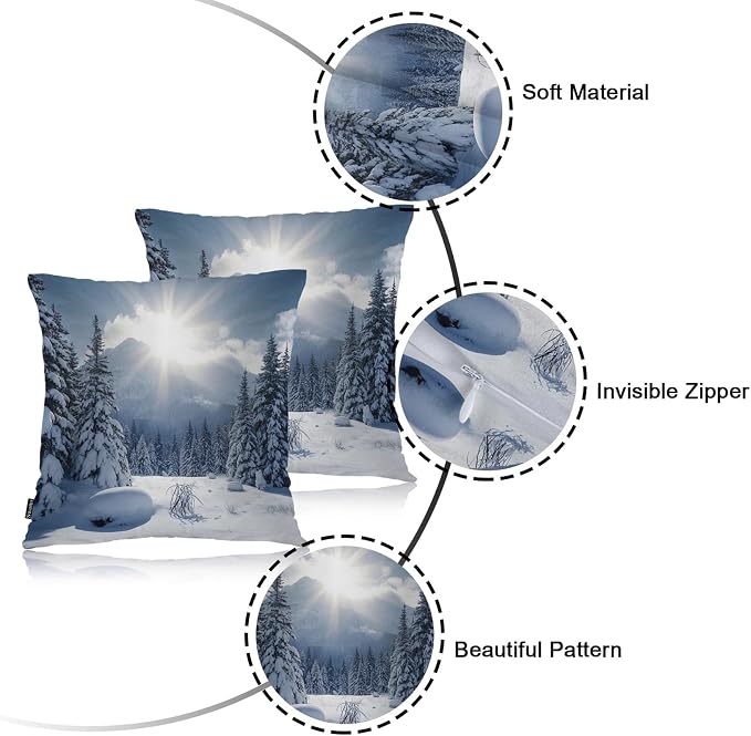 Swono Winter Landscape Throw Pillow Cases, Nature Snowy Mountain Fir Trees Sunshine Set of 2 Decorative Throw Pillow Cover, Square Pillow Cushion Case Home Decor for Sofa Couch Bed Car 18x18 Inches
