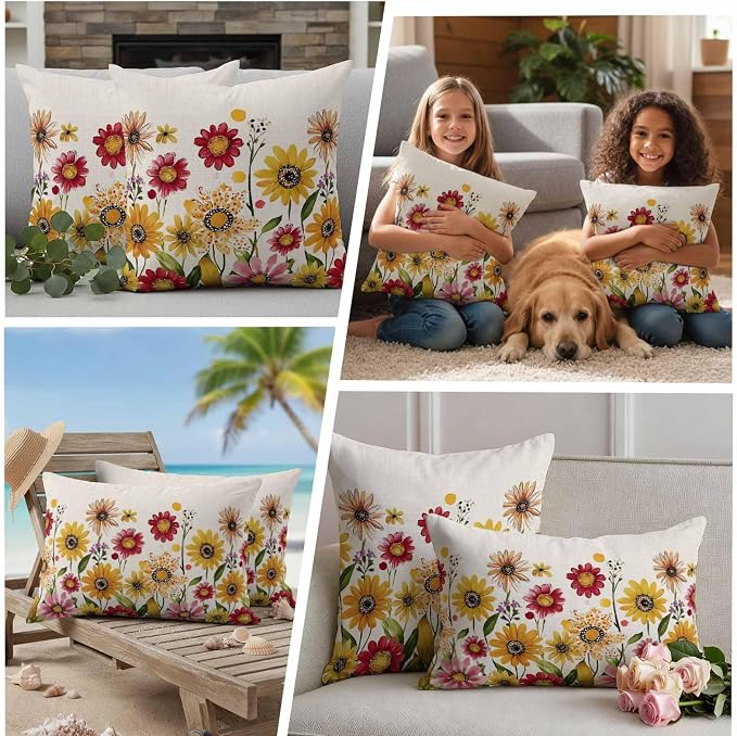 Yellow Red Spring Floral Outdoor Waterproof Throw Pillow Covers 26x26 Set of 2, Pastoral Summer Flower Rustic Decorative Pillowcases Cushion Pillowcase for Couch Sofa Patio Outside Pillow Protector