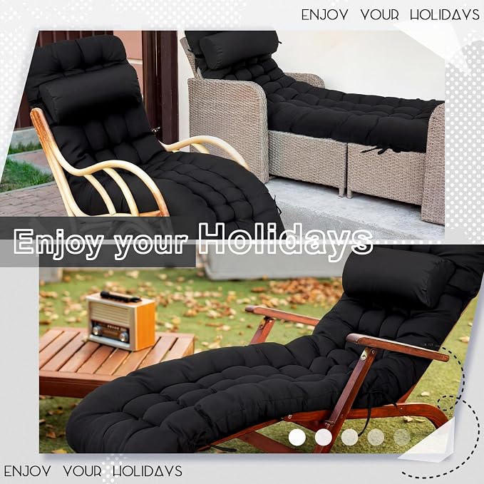 Tudomro Outdoor Chaise Lounge Cushion 66x21x4'' Waterproof & Fade-Resistant Patio Pool Chaise Lounge Cushion Headrest Pillow Tie Replacement Rocking High Back Chair(Black,Set of 2)