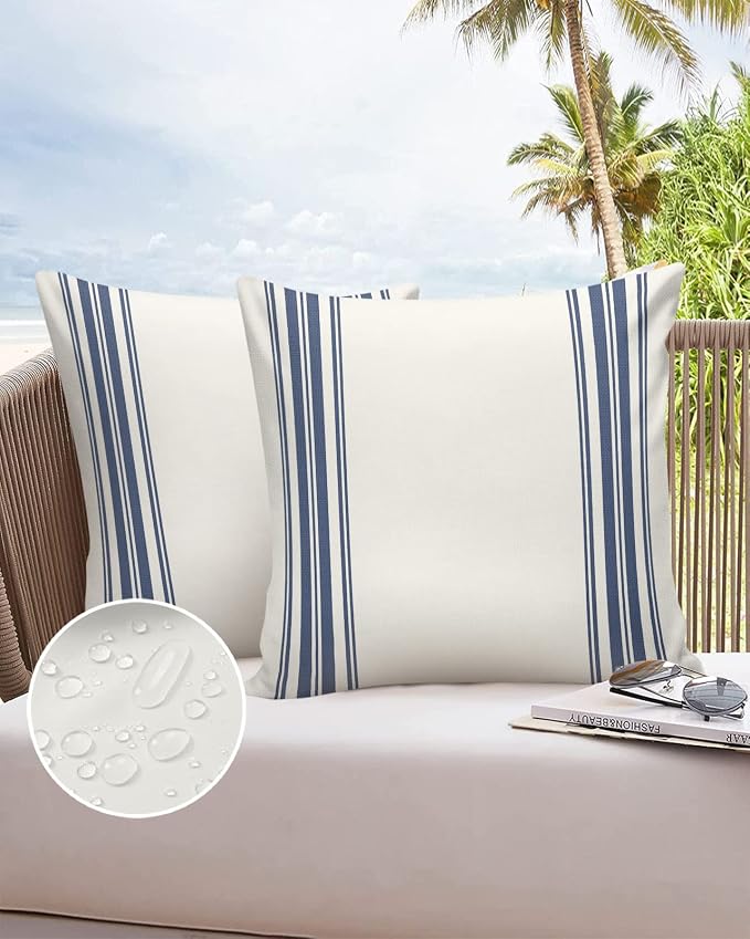 Outdoor Waterproof Pillow Covers for Patio Furniture Blue Ticking Vertically Stripe Decorative Throw Pillow Cover Simple Style White Pillowcases Set of 2 Cushion Case for Sofa Couch Chair 20x20 In