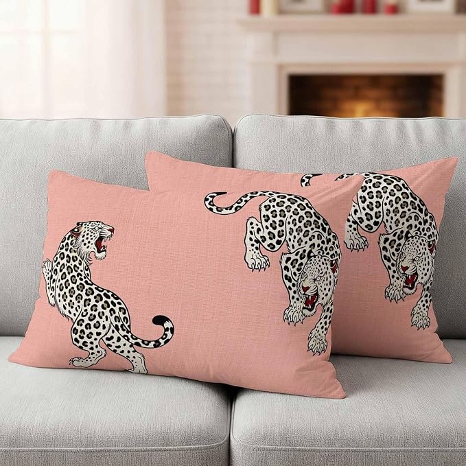 Yukro Pink Leopard Outdoor Waterproof Pillow Covers Pack of 2, Modern Style Wild Animal Rustic Linen Texture Throw Pillowcases Decorative Cushion Covers for Garden Patio Tent Sofa Couch, 20x12 inch