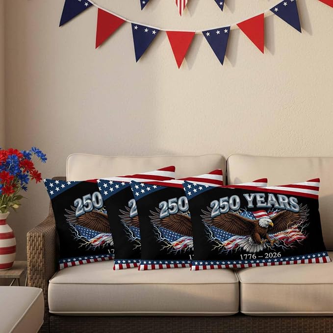America 250 Years Eagle Outdoor Pillow Covers 20"x12" Set of 2, Independence Day Lightning Red Blue Flag Waterproof Throw Pillow Covers for Patio Furniture, Decorative Cushion Covers for Porch