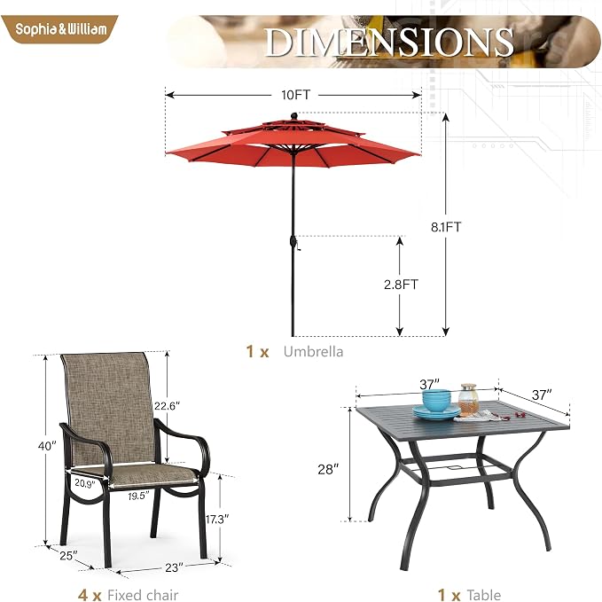 Sophia & William Patio Set with Umbrella, Outdoor Dining Set with 10ft 3-Tier Red Umbrella, 4 x Fixed Patio Dining Chairs, & Square Metal Table for Garden Backyard (No Umbrella Base)