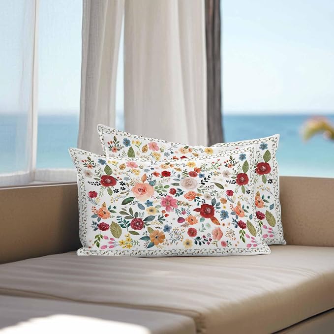 Vandarllin Outdoor Throw Pillows Covers 20x12 inch Set of 2 Waterproof Cream Floral Decorative Zippered Cushion Covers for Patio Furniture, Farmhouse Vintage Flower Lumbar Pillowcases