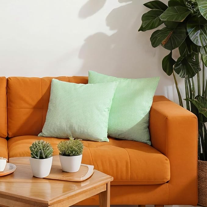Huhumy Green Throw Pillow Cover 18" x 18" for Home Decoration Striped Modern Style Decorative Cushion Covers No Inserts Seersucker Pillow Cover for Living Room, Chair, Bed, Couch, Set of 4