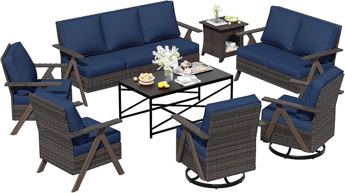 8 Pieces Patio Furniture Set,Outdoor Loveseat Sofa & High Back Swivel Rocker Patio Chairs, Wicker Conversation Set with Coffee Table and Side Table for Deck Yard and Poolside