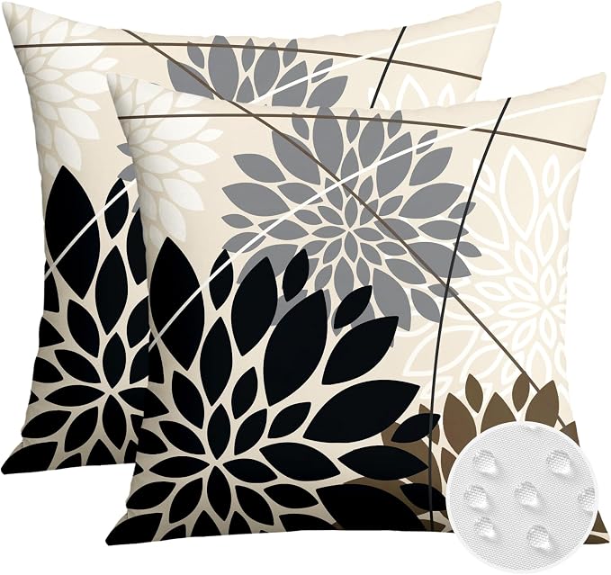 OTOSTAR Outdoor Black Gray Pillow Covers 20x20 Inch Set of 2 White Flower Throw Pillows Farmhouse Geometric Dahlia Floral Square Cushion Case Waterproof Decor for Sofa Patio Funiture Garden