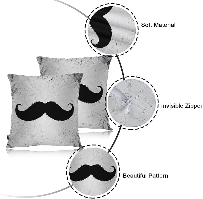 Swono Mustache Set of 2 Square 18x18 Inch Throw Pillow Cover Grunge Hipster Mustache Black Soft Pillowcases Pillow Cushion Covers for Home Sofa Couch Garden Bench Living Room Car Decoration