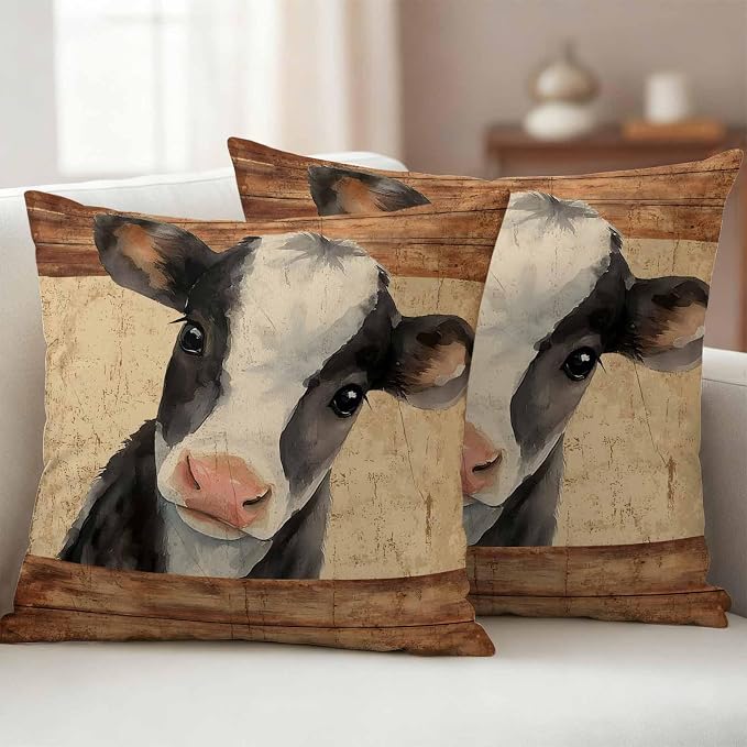 Farmhouse Cow Outdoor Pillow Covers 16x16 Inch Throw Pillow Covers Set of 2 Waterproof Decorative Pillow Cases Country Vintage Animals Wooden Grain Cushion Covers for Patio Furniture Garden Couch Sofa