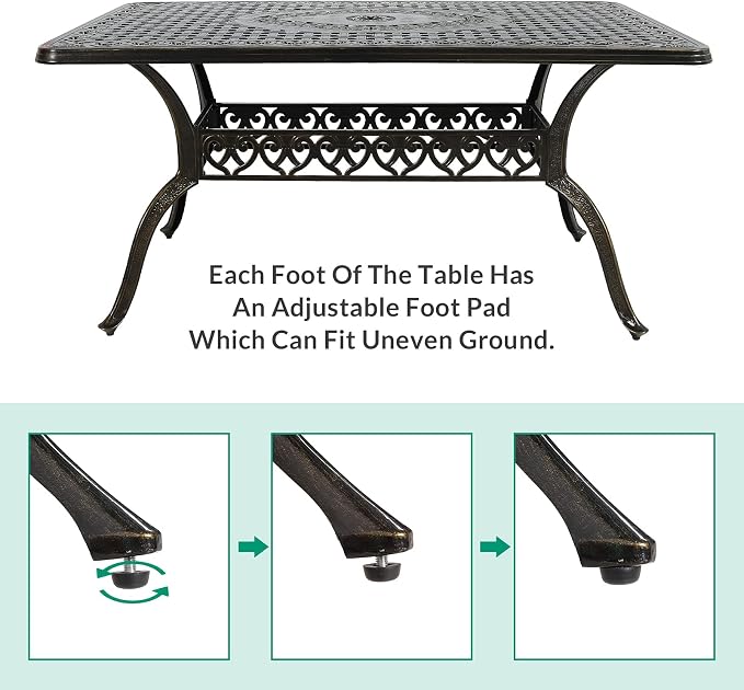 VIVIJASON Outdoor Patio Dining Rectangle Table Bronze Cast Aluminum Rustic Large Patio Table with Umbrella Hole