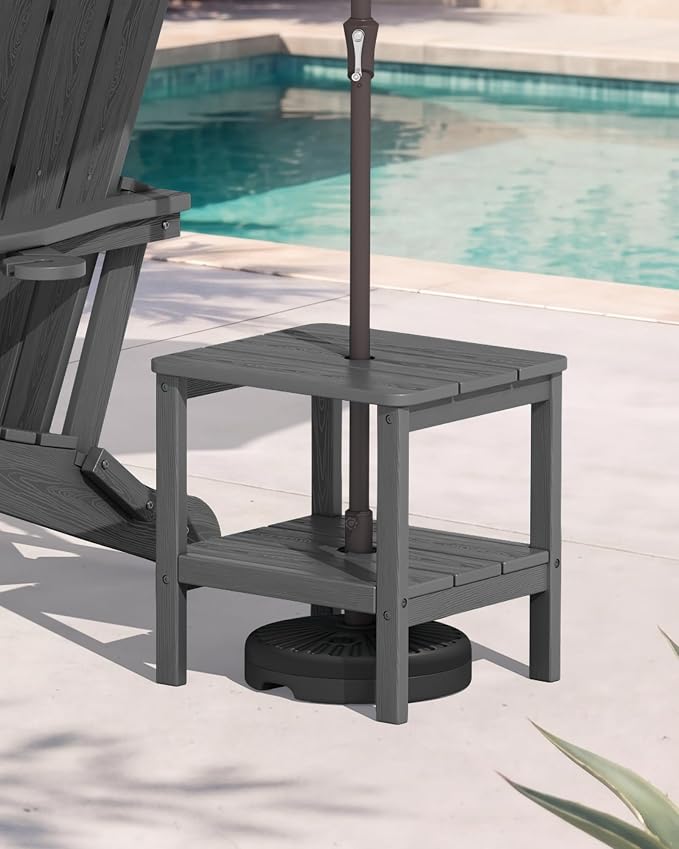 SERWALL 2-Tier HDPE Outdoor Side Table with Umbrella Hole, Weatherproof Rectangular Adirondack Side Table, Gray