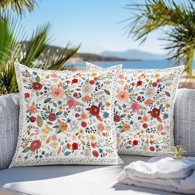 Vandarllin Outdoor Throw Pillows Covers 26x26 inch Set of 2 Waterproof Cream Floral Decorative Zippered Cushion Covers for Patio Furniture, Farmhouse Vintage Flower Lumbar Pillowcases
