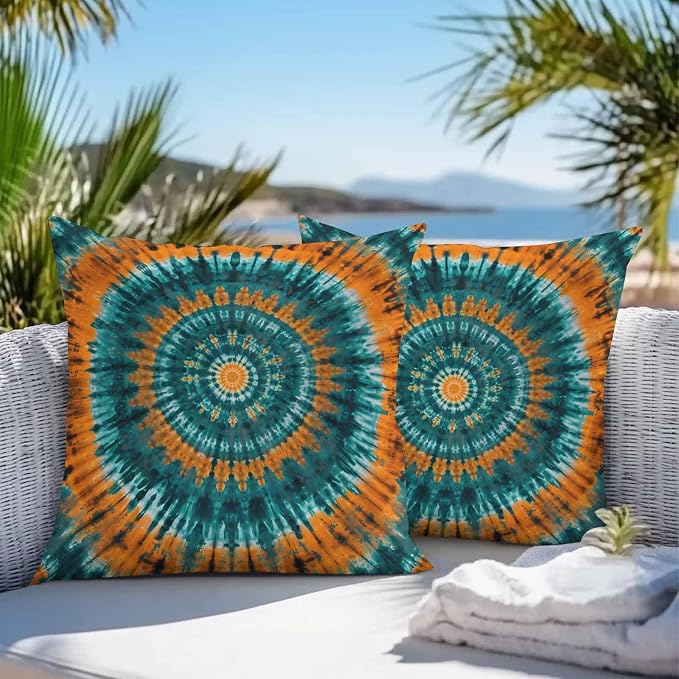 Vandarllin Outdoor Throw Pillows Covers 18x18 inch Set of 2 Waterproof Turquoise Orange Tie-Dye Art Decorative Zippered Cushion Covers for Patio Furniture, Abstract Boho Tribe Lumbar Pillowcases