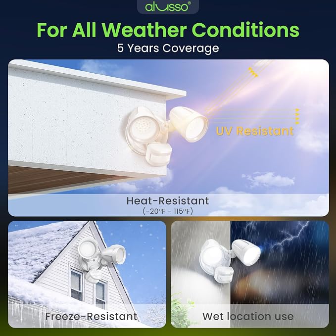 ALUSSO Motion Sensor Outdoor Lights Metal Heads, 30W 3600LM Flood Lights Outdoor 120V, 3 Modes Dusk to Dawn/Auto/On Time, 3000K 4000K 6500K Adjustable, Hardwired Security Light ETL Listed, White 1PC