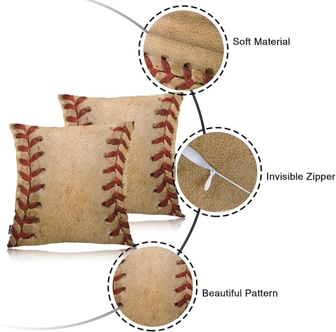 Swono Pillow Covers 18X18 Inch Set of 2 Baseball Throw Pillow Cases Sport Leather Baseball Worn Ball Pillowcase Cushion Cover Decorative for Indoor Outdoor Home Sofa Bedroom Livingroom, Brown