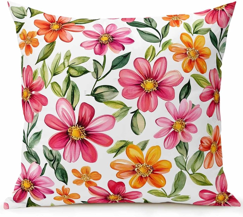 Outdoor Waterproof Throw Pillows Spring Watercolor Wild Flower Patio Pillows,Decorative Pillow Covers with Insert,Pillow Cushion Case for Garden Couch Sofa Country Small Pink Flower