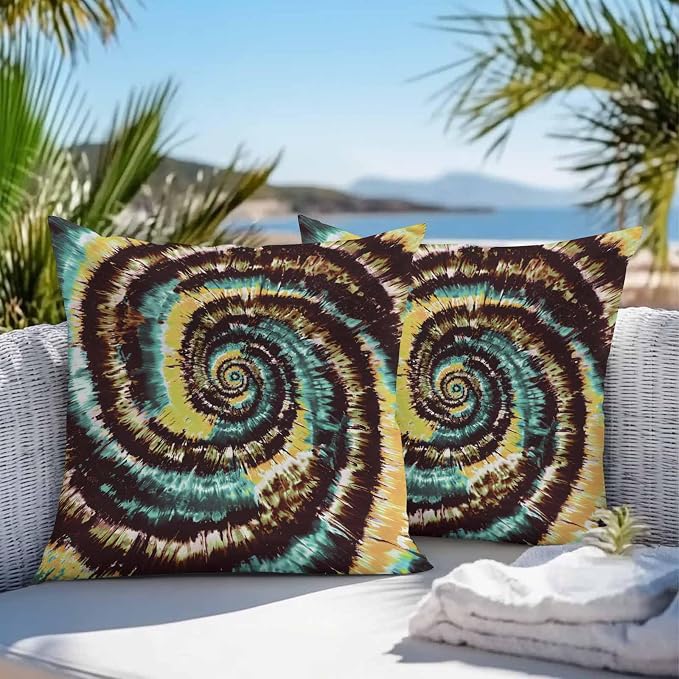 Vandarllin Outdoor Throw Pillows Covers 24x24 inch Set of 2 Waterproof Yellow Teal Tie-Dye Art Decorative Zippered Cushion Covers for Patio Furniture, Abstract Boho Tribe Lumbar Pillowcases