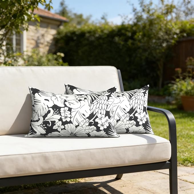12x20 Inch Lumbae Pillow Covers, Rectangle Waterproof Throw Covers Set of 2, Decorative Patio Furniture Cushion Cases for Porch Garden, Tropical Blossom Noir
