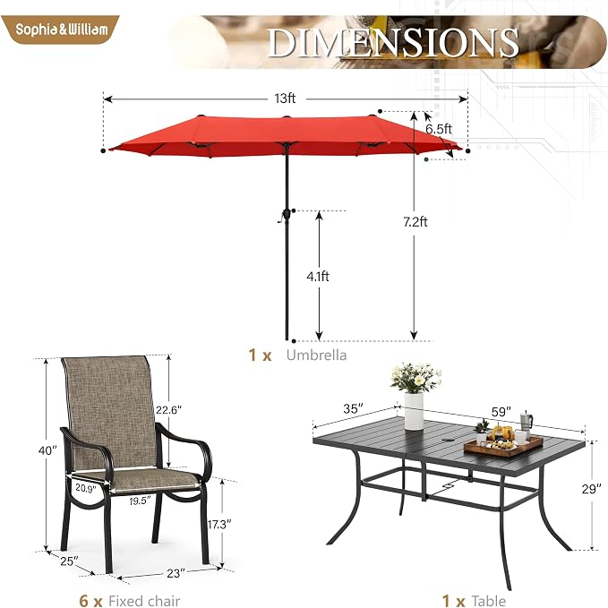 Sophia & William Patio Set with Umbrella, Outdoor Dining Set for 6 Persons, Outdoor Table with 13ft Orange Red Patio Umbrella & 6 x Fixed Chairs for Lawn Garden Backyard Pool (No Umbrella Base)