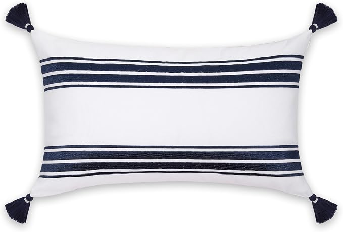 Hofdeco Premium Coastal Patio Indoor Outdoor Lumbar Pillow Cover Only, 12"x20" Water Repellent for Backyard, Couch, Navy Blue Embroidered Stripes with Tassels