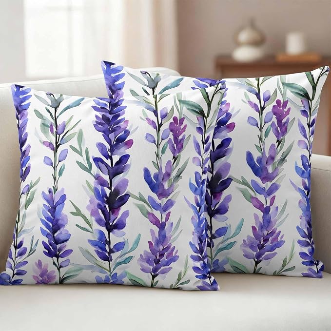 Outdoor Waterproof Pillow Covers 16x16Inch Spring Purple Lavender Throw Pillowcases for Patio Garden Couch Sofa Watercolor Floral Art Decorative Cushin Case,Pack of 2