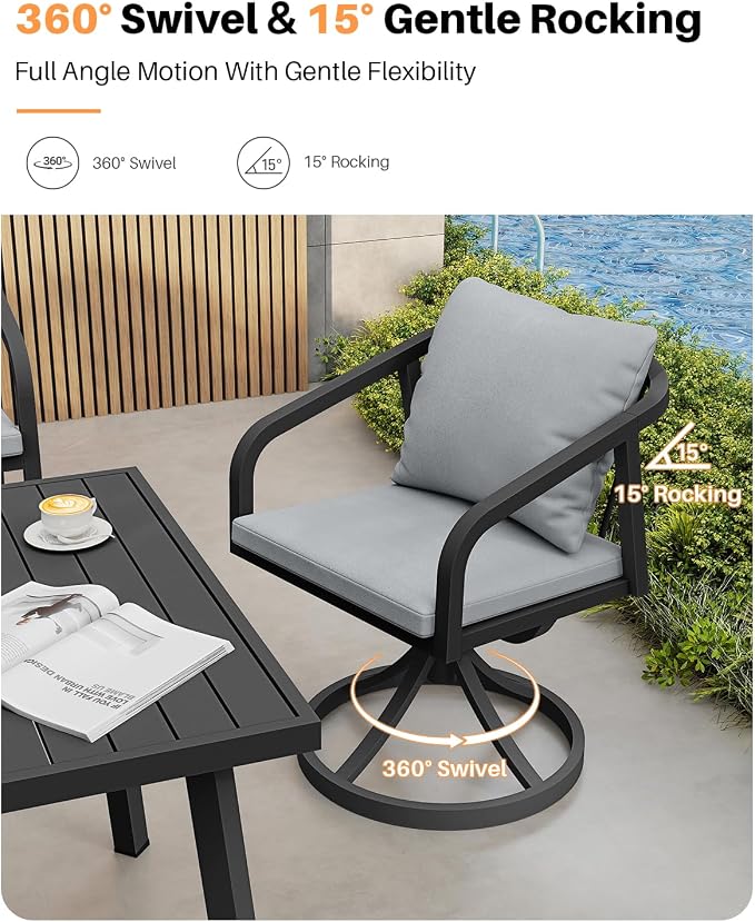 2 Pieces Swivel Patio Chairs, Never-Rust Aluminum Outdoor Dining Chairs with Removable Cushions, Ergonomic Patio Dining Chairs with Wraparound Seating Design for Poolside, Deck, Porch, Black