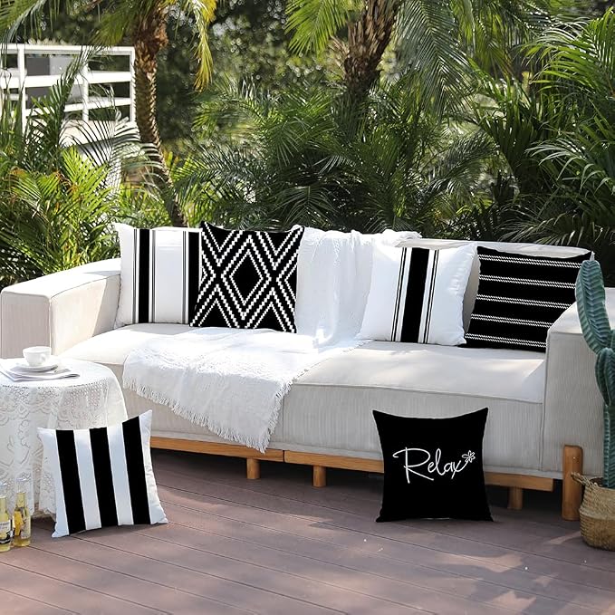 DFXSZ Outdoor Black Waterproof Geometry Pillow Covers 16x16 Set of 4 | Spring Summer Waterproof Modern Throw Pillowcases(No Inserts) Outdoor Decor for Patio Funiture Garden Polyester Covers