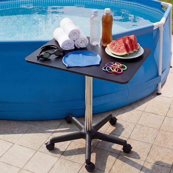 Nuanchu Pool Bar Poolside Table with Wheels 34-43 Inch Adjustable Height Black Outdoor Poolside Table Above Ground Pool Side Bar Towel Rack for Swimming Patio Accessories