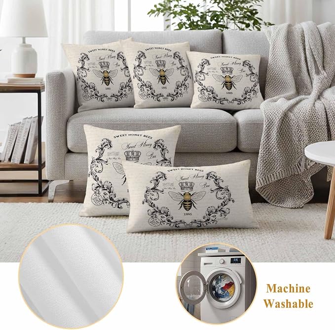 Outdoor Waterproof Throw Pillow Covers Set of 2 Sweet Honey Bees Pillowcases 20x20 Inches Floral Crown Wreath Vintage Decorative Pillows Cushion Case Patio Pillows for Couch Bed Chair Garden